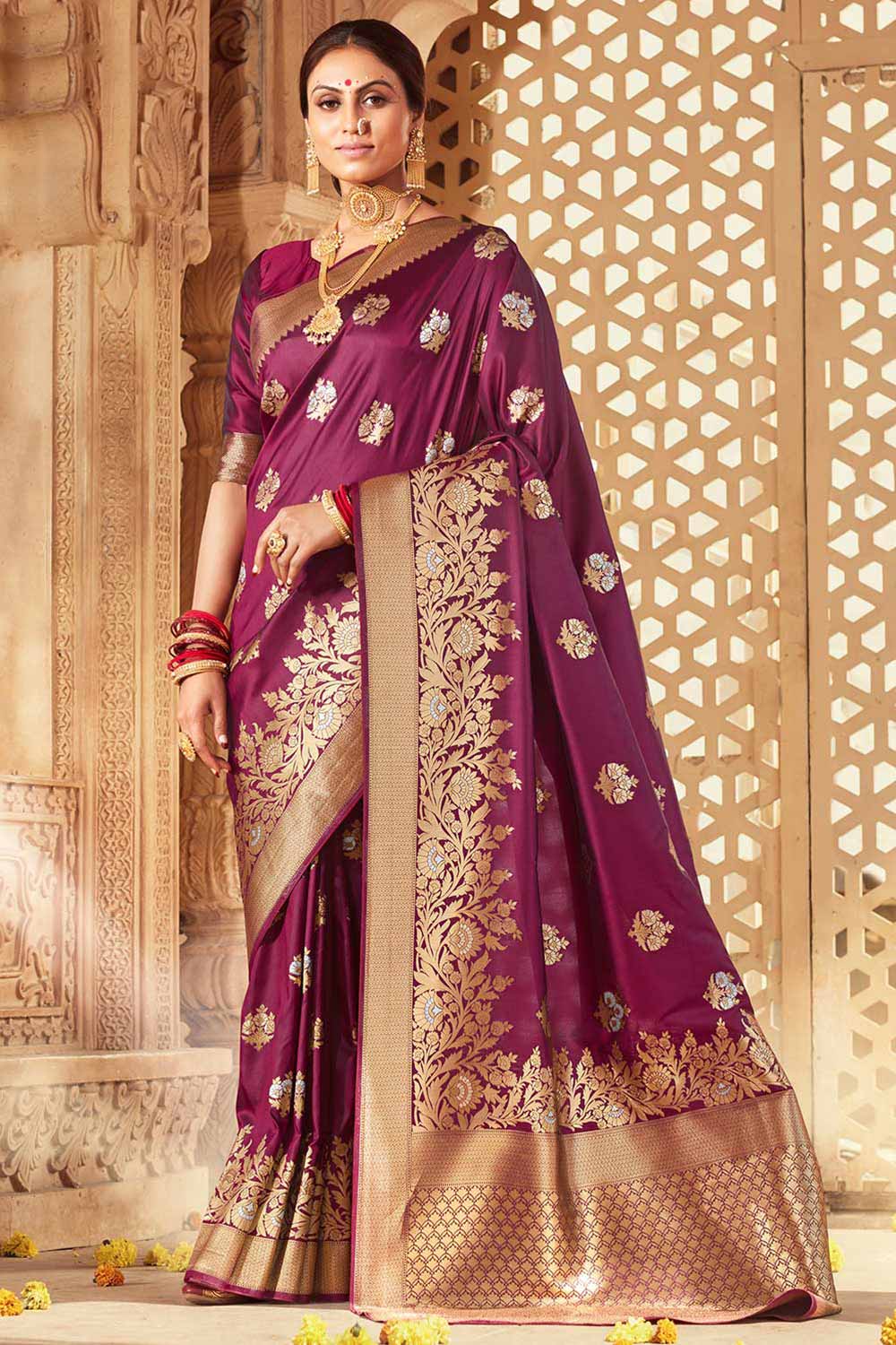 Buy Banarasi Art Silk Woven Saree in Wine Online