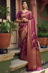 Wine Satin Silk Woven Saree