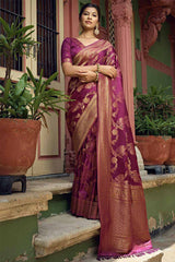 Wine Satin Silk Woven Saree