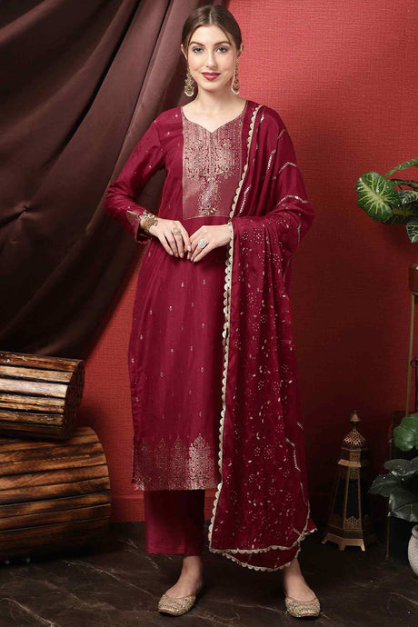 Buy Maroon Dola Silk Embroidered Dress Material Online - KARMAPLACE