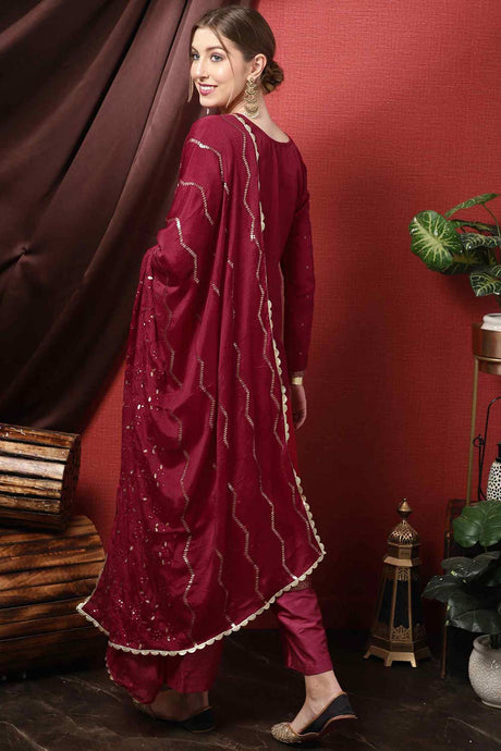 Maroon Dola Silk Embroidered Straight Kurta Suit Set