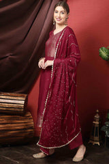 Maroon Dola Silk Embroidered Straight Kurta Suit Set