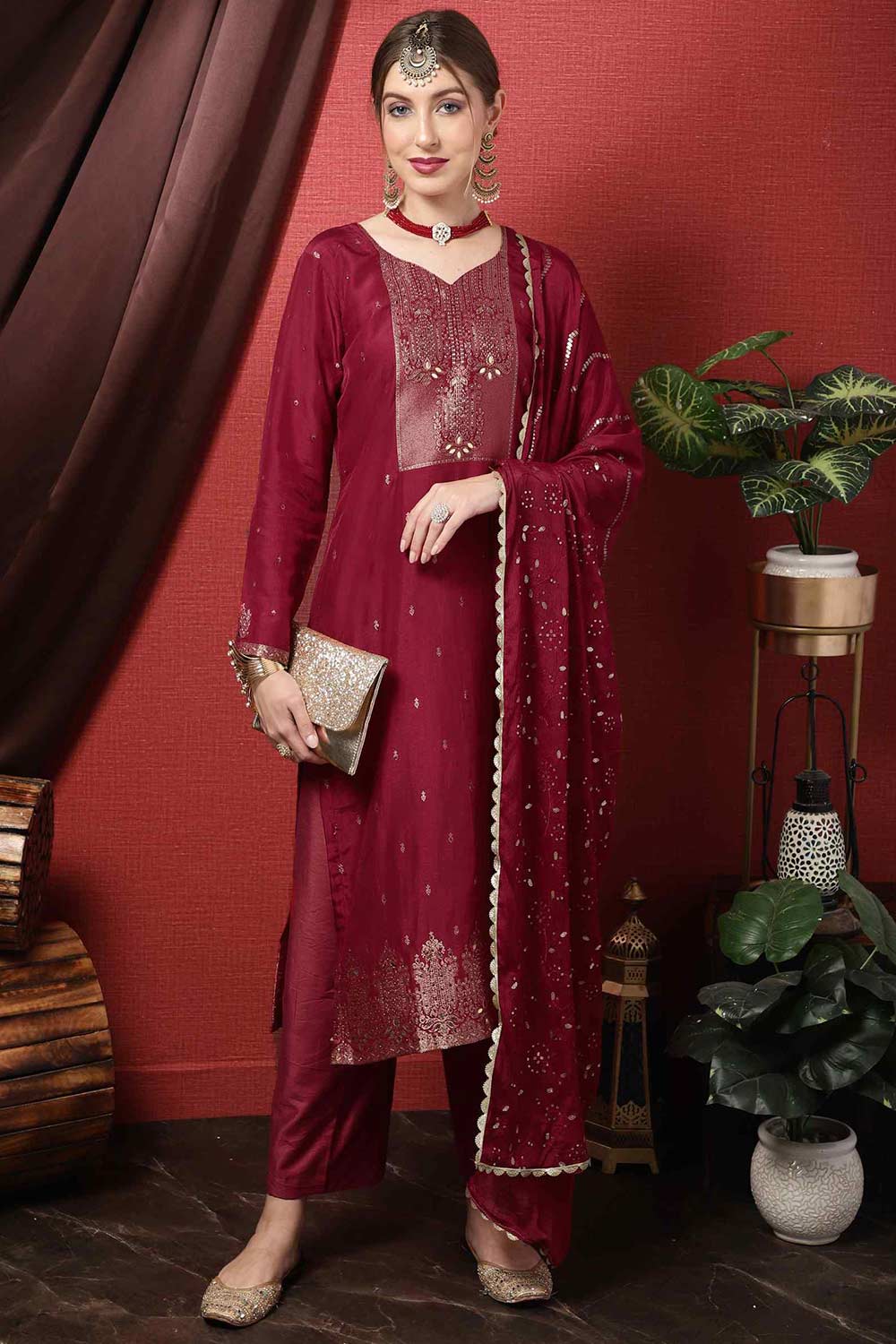 Maroon Dola Silk Embroidered Straight Kurta Suit Set