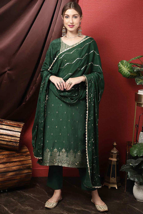 Buy Green Dola Silk Embroidered Dress Material Online - KARMAPLACE