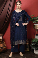 Buy Navy Blue Dola Silk Embroidered Dress Material Online - KARMAPLACE