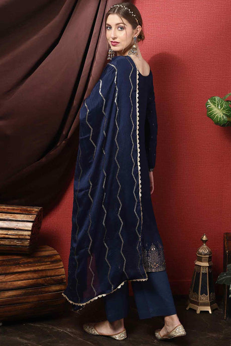 Navy Blue Dola Silk Embroidered Straight Kurta Suit Set