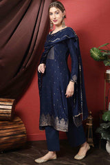 Navy Blue Dola Silk Embroidered Straight Kurta Suit Set