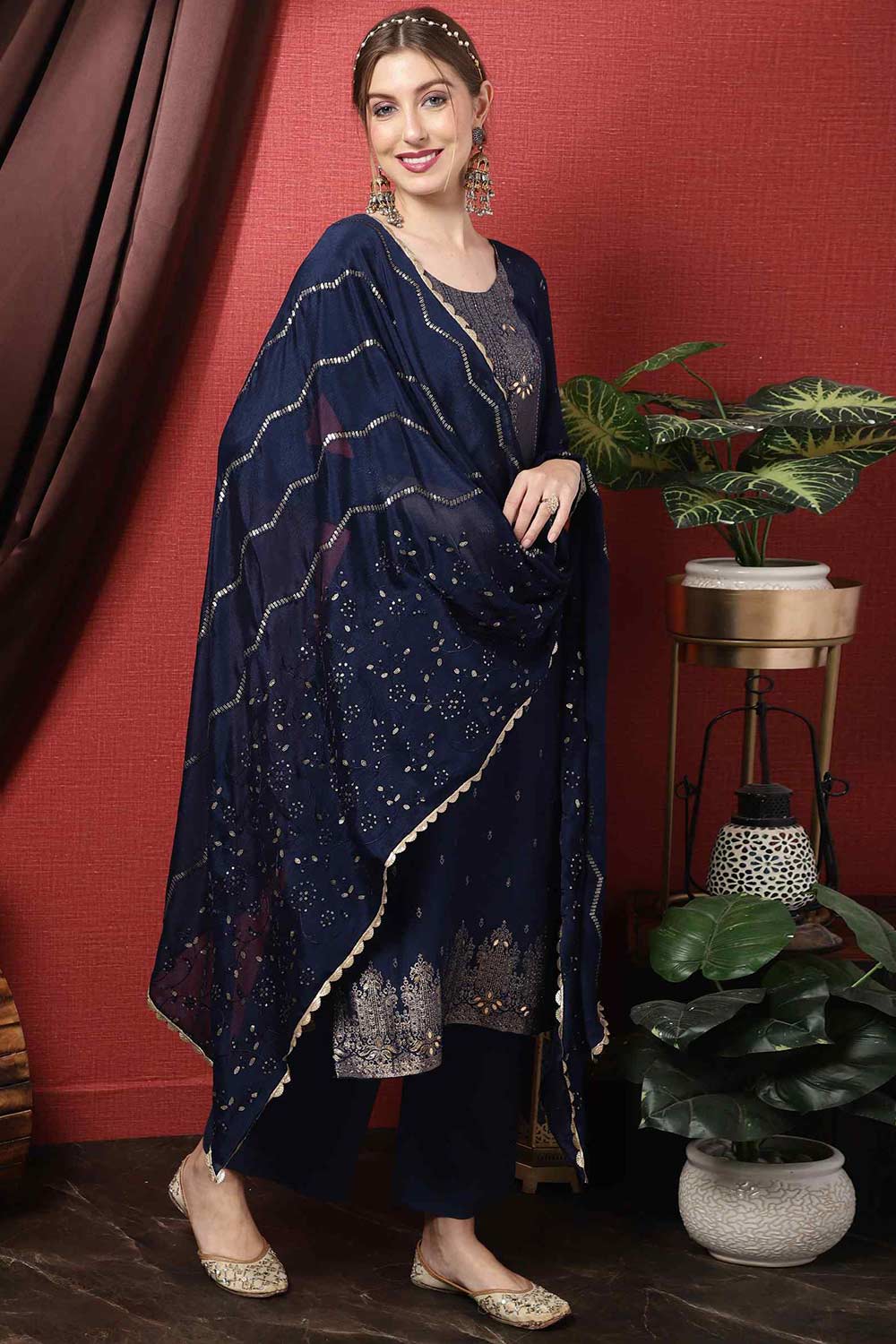 Navy Blue Dola Silk Embroidered Straight Kurta Suit Set