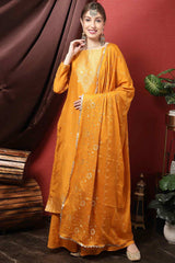 Buy Mustard Dola Silk Embroidered Dress Material Online - KARMAPLACE