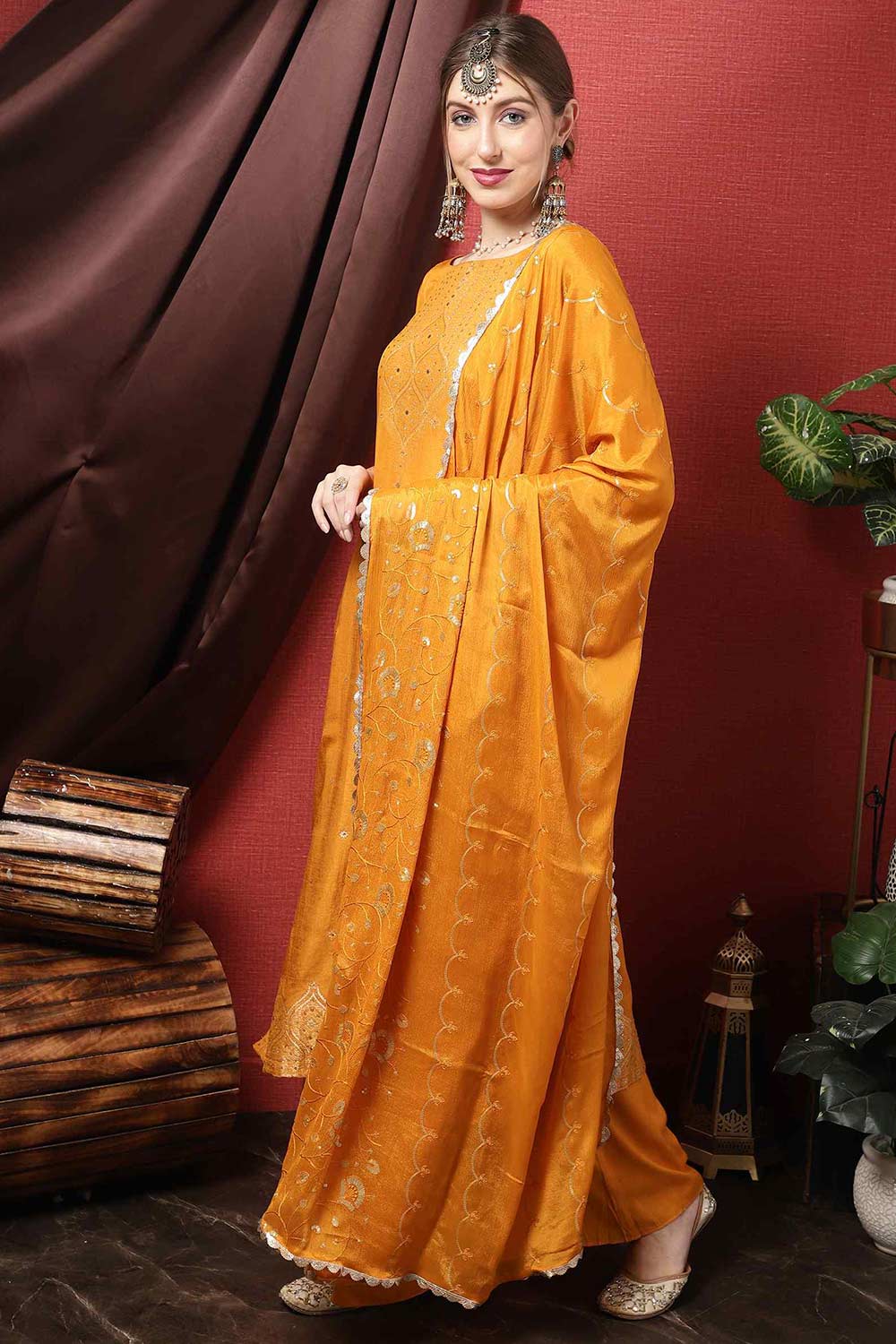 Mustard Dola Silk Embroidered Palazzo Suit Set