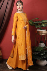 Mustard Dola Silk Embroidered Palazzo Suit Set