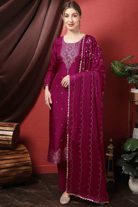 Buy Magenta Dola Silk Embroidered Dress Material Online - KARMAPLACE