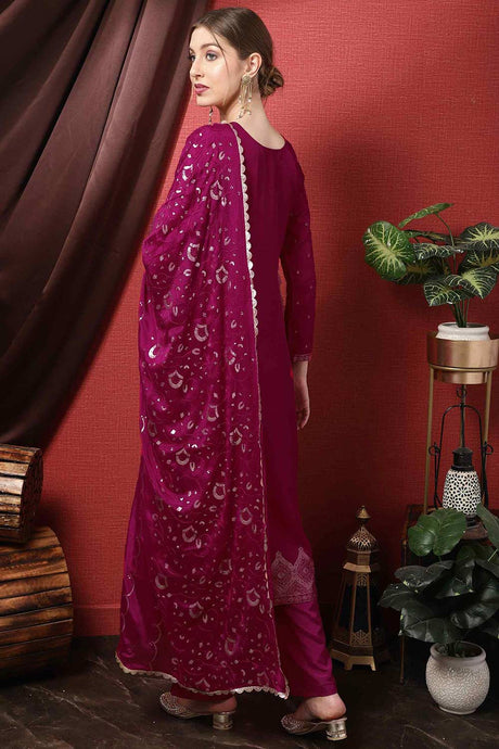 Magenta Dola Silk Embroidered Straight Kurta Suit Set