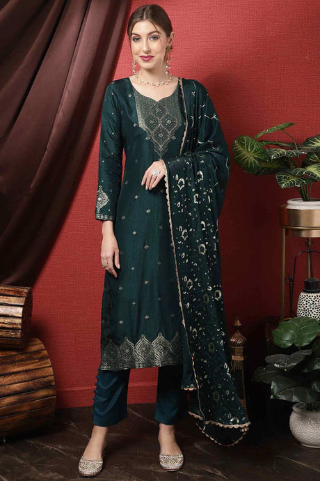 Buy Teal Dola Silk Embroidered Dress Material Online - KARMAPLACE