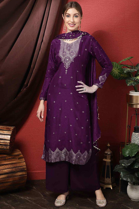 Buy Purple Dola Silk Embroidered Dress Material Online - KARMAPLACE