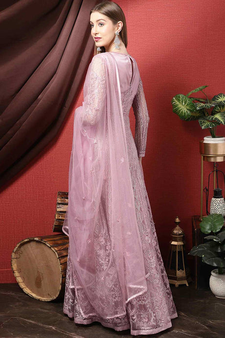 Pink Net Embroidered Anarkali Suit Set