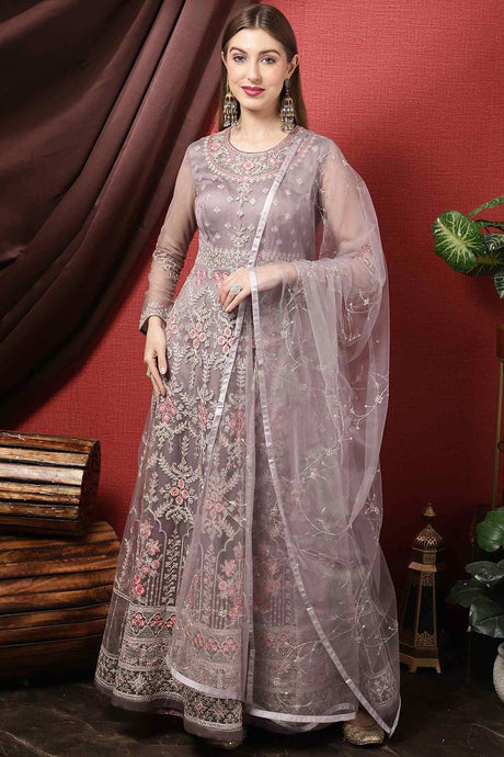 Buy Grey Net Embroidered Gown Style Online - KARMAPLACE