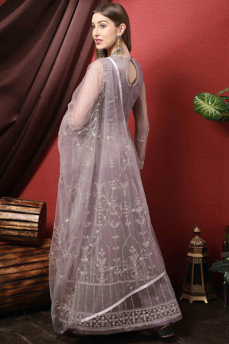 Grey Net Embroidered Anarkali Suit Set