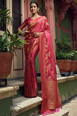 Pink Satin Silk Woven Saree