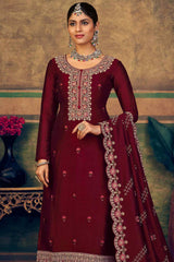 Maroon Pure Silk Embroidered Straight Kurta Suit Set