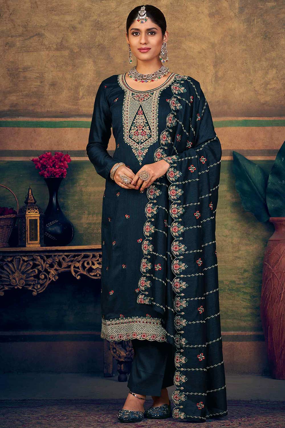 Buy Navy Blue Pure Silk Embroidered Dress Material Online - KARMAPLACE