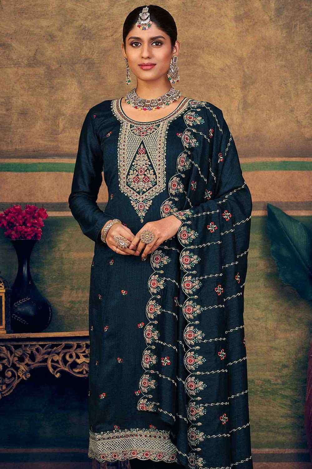 Navy Blue Pure Silk Embroidered Straight Kurta Suit Set