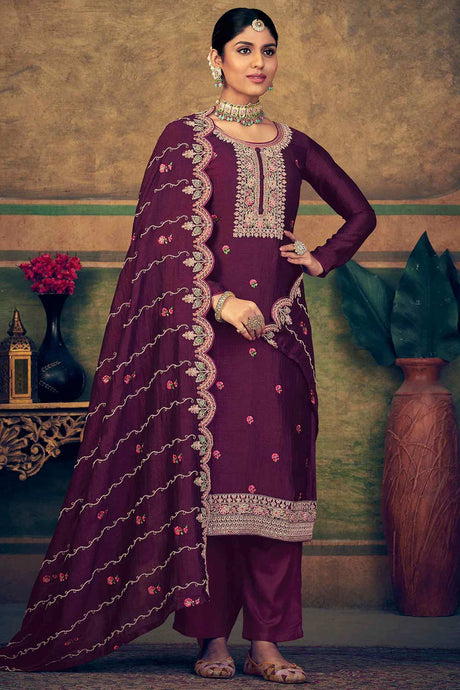 Buy Burgundy Pure Silk Embroidered Dress Material Online - KARMAPLACE