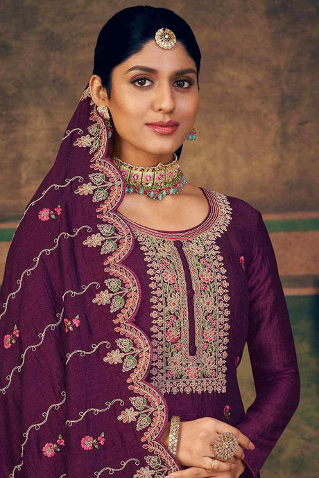 Burgundy Pure Silk Embroidered Straight Kurta Suit Set