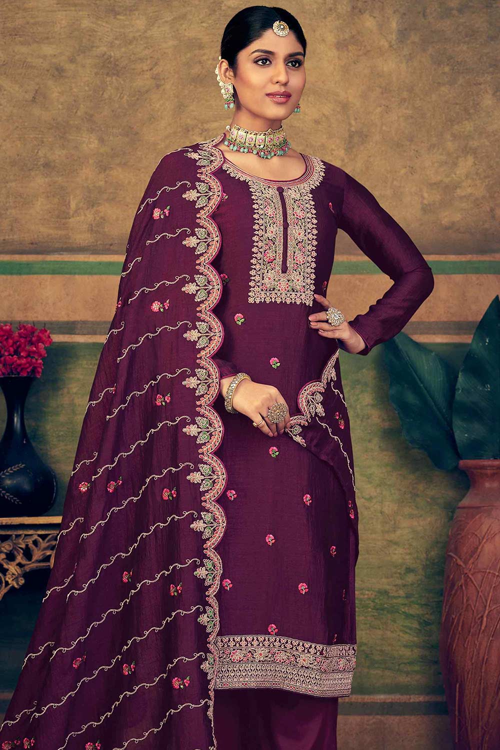 Burgundy Pure Silk Embroidered Straight Kurta Suit Set