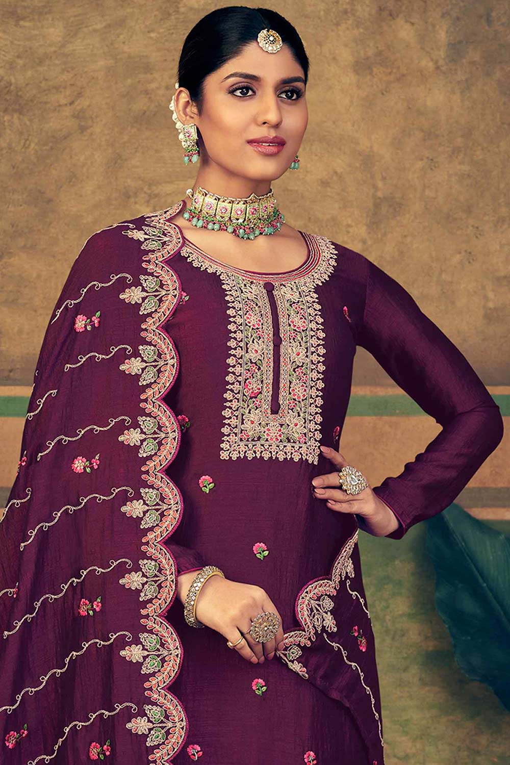 Burgundy Pure Silk Embroidered Straight Kurta Suit Set