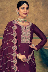 Burgundy Pure Silk Embroidered Straight Kurta Suit Set