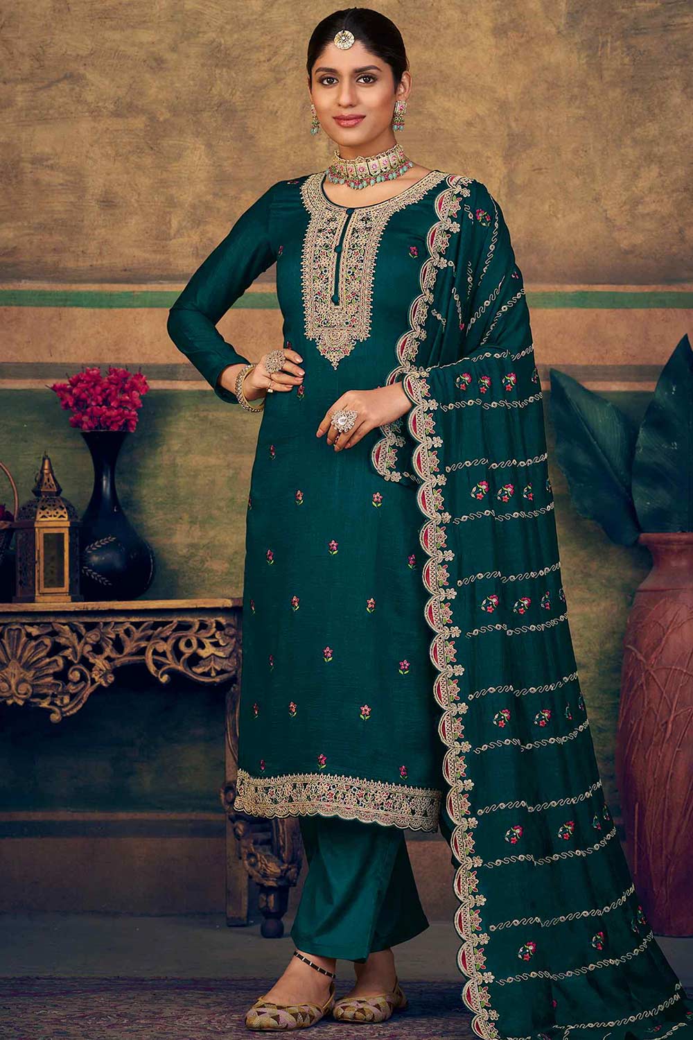 Buy Teal Pure Silk Embroidered Dress Material Online - KARMAPLACE