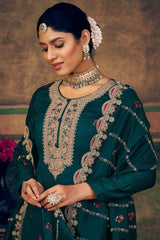 Teal Pure Silk Embroidered Straight Kurta Suit Set