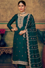 Teal Pure Silk Embroidered Straight Kurta Suit Set