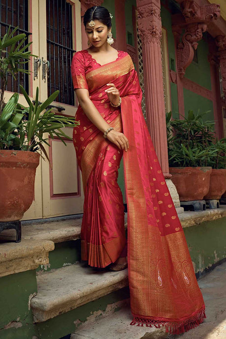 Red Satin Silk Woven Saree