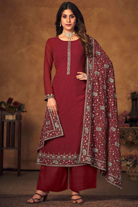 Buy Maroon Georgette Embroidered Dress Material Online - KARMAPLACE