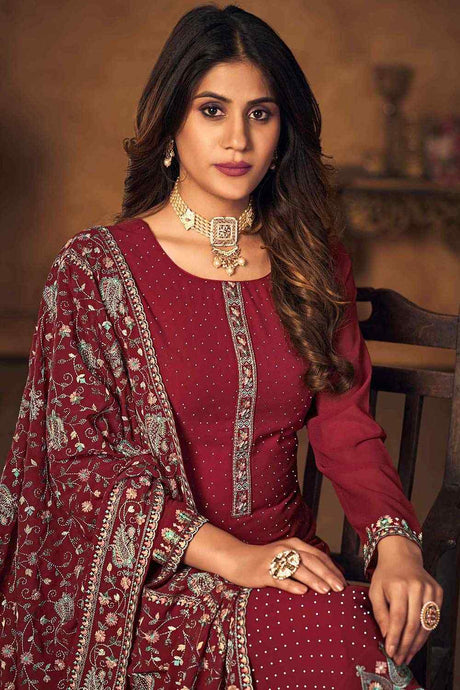 Maroon Georgette Embroidered Palazzo Suit Set