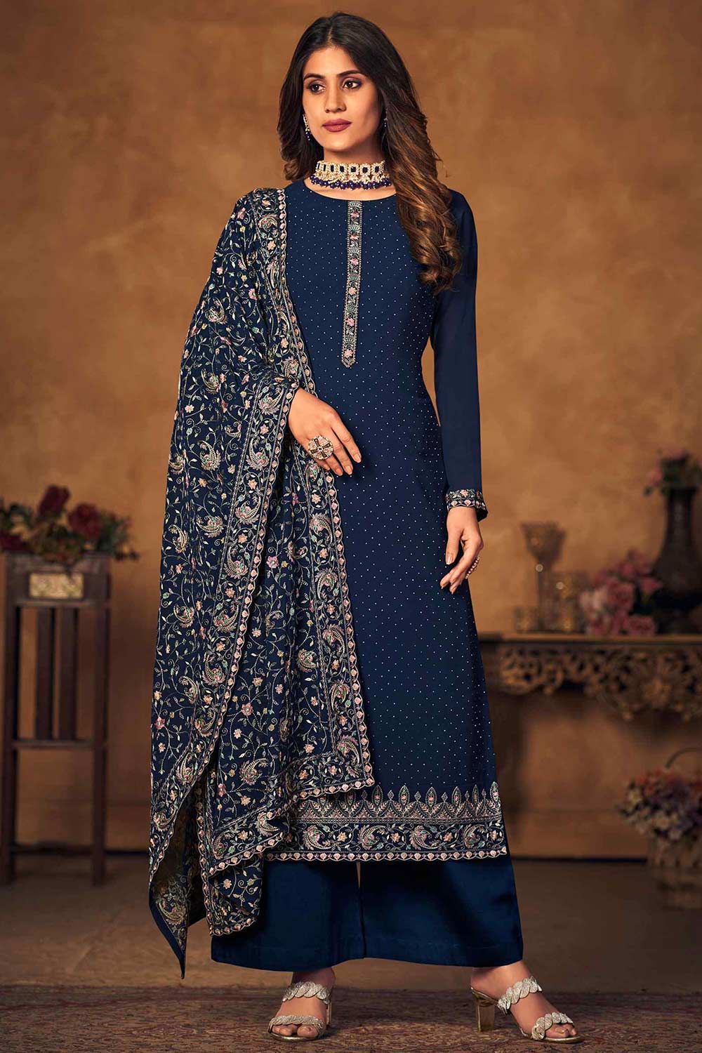 Buy Navy Blue Georgette Embroidered Dress Material Online - KARMAPLACE