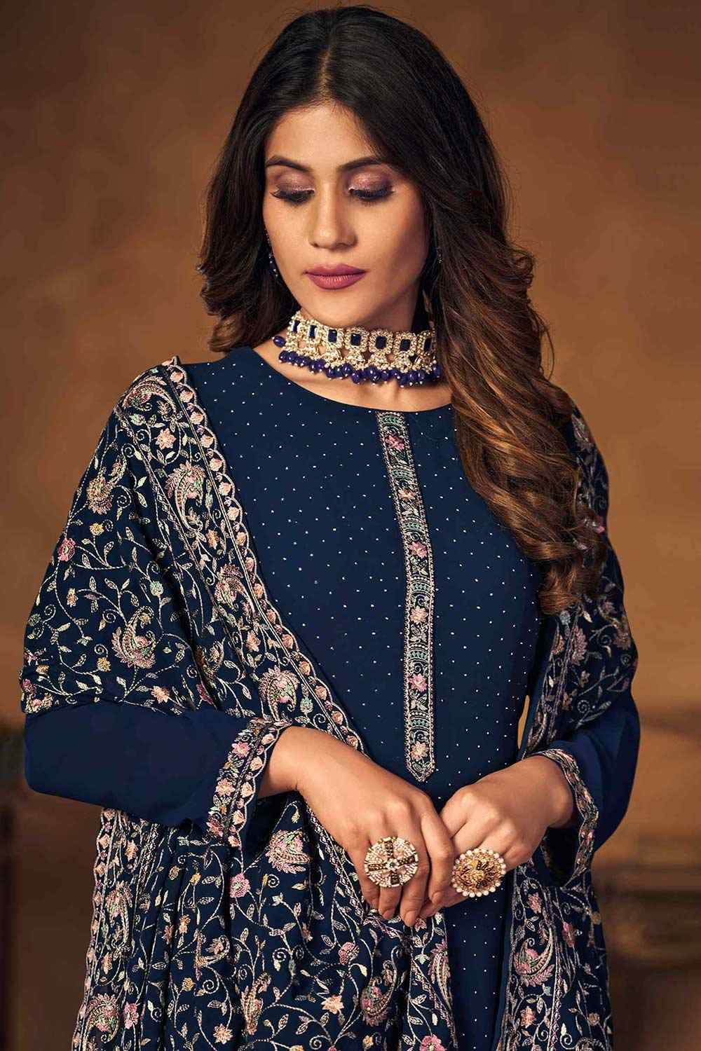 Navy Blue Georgette Embroidered Palazzo Suit Set