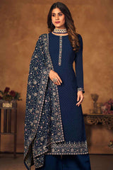 Navy Blue Georgette Embroidered Palazzo Suit Set