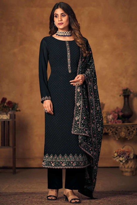 Buy Black Georgette Embroidered Dress Material Online - KARMAPLACE