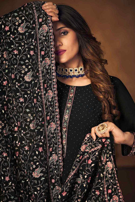 Black Georgette Embroidered Straight Kurta Suit Set