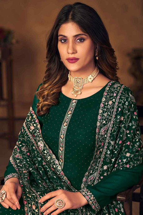 Green Georgette Embroidered Palazzo Suit Set