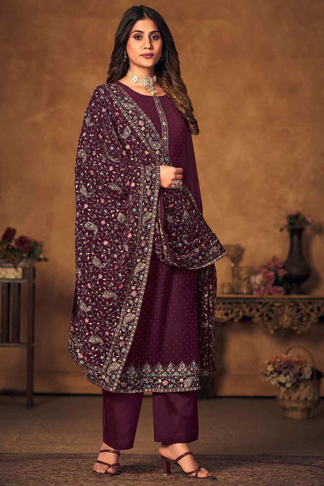 Buy Wine Georgette Embroidered Dress Material Online - KARMAPLACE