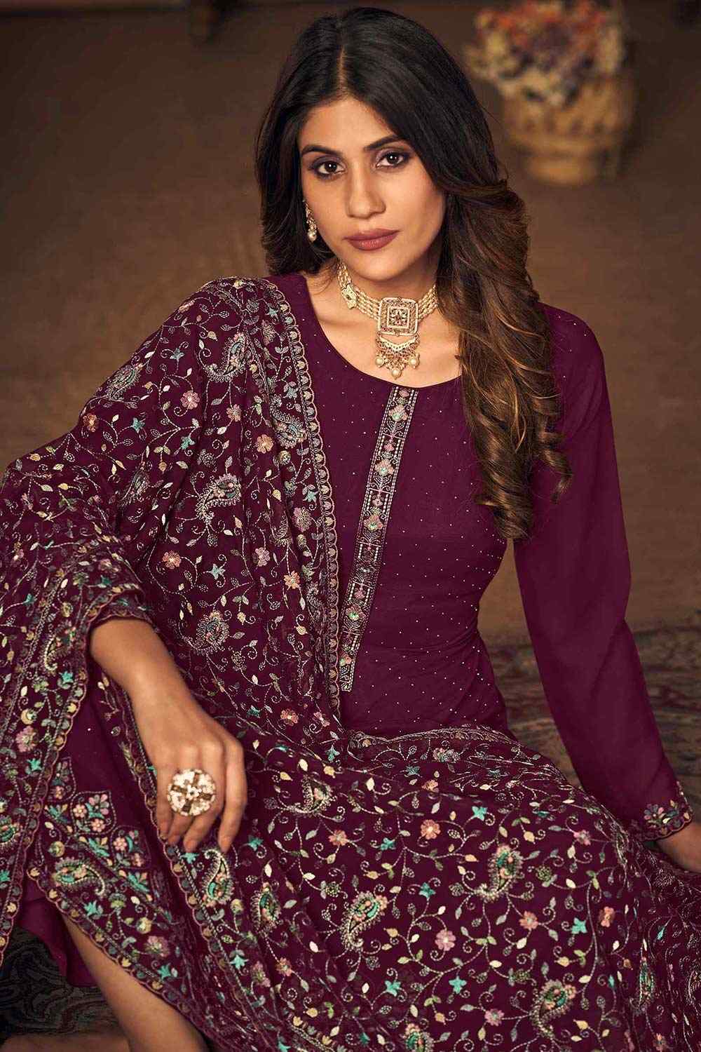 Wine Georgette Embroidered Straight Kurta Suit Set