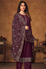 Wine Georgette Embroidered Straight Kurta Suit Set