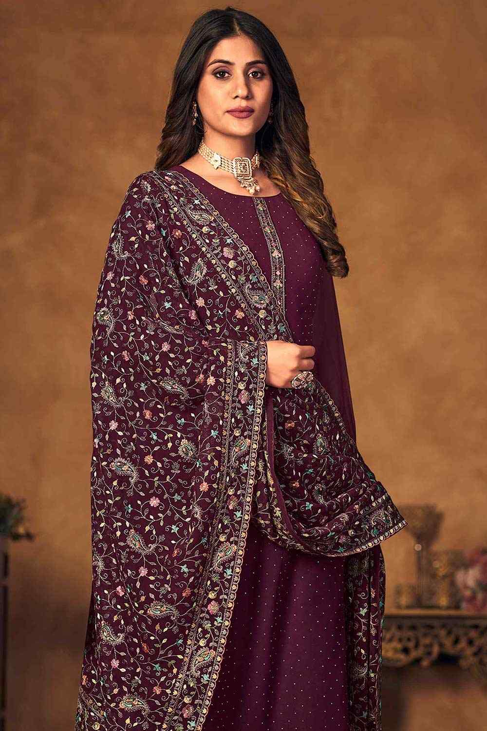 Wine Georgette Embroidered Straight Kurta Suit Set