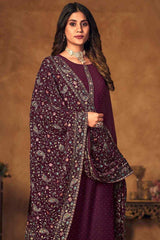 Wine Georgette Embroidered Straight Kurta Suit Set