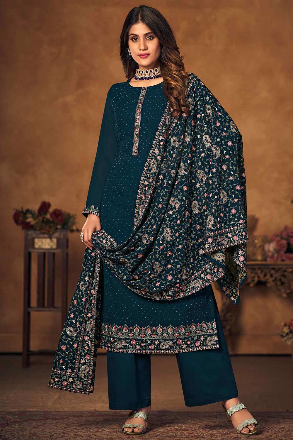 Buy Teal Georgette Embroidered Dress Material Online - KARMAPLACE