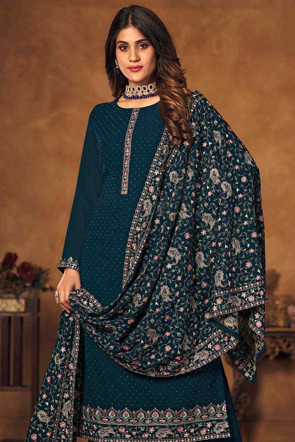 Teal Georgette Embroidered Straight Kurta Suit Set